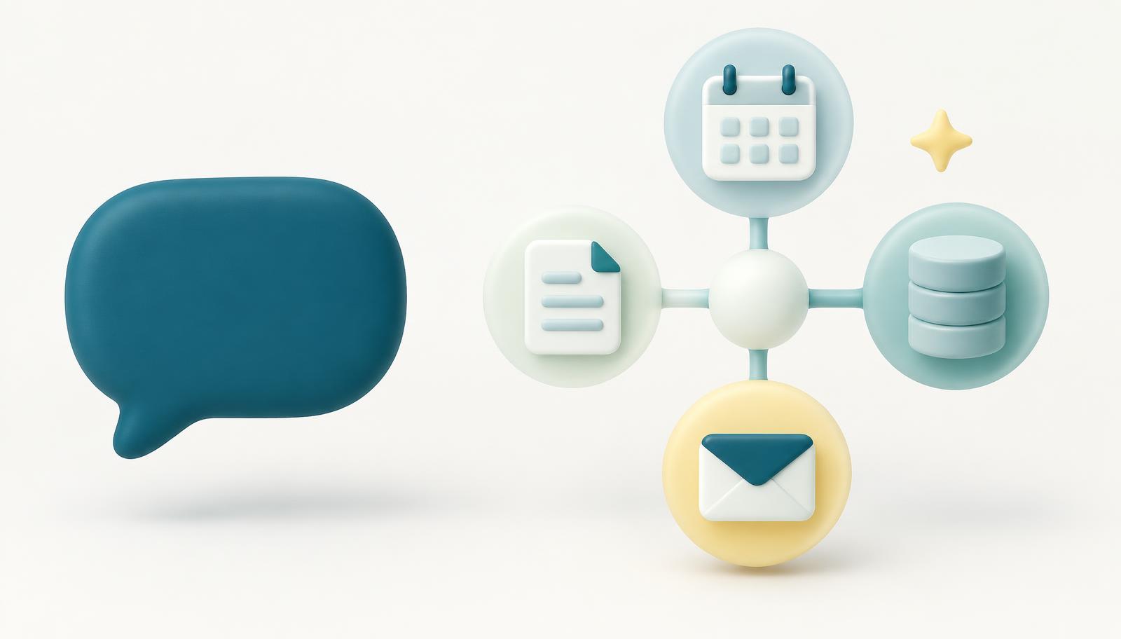Comparación entre un chat aislado y un agente de IA conectado a calendario, documentos, base de datos y mensajes