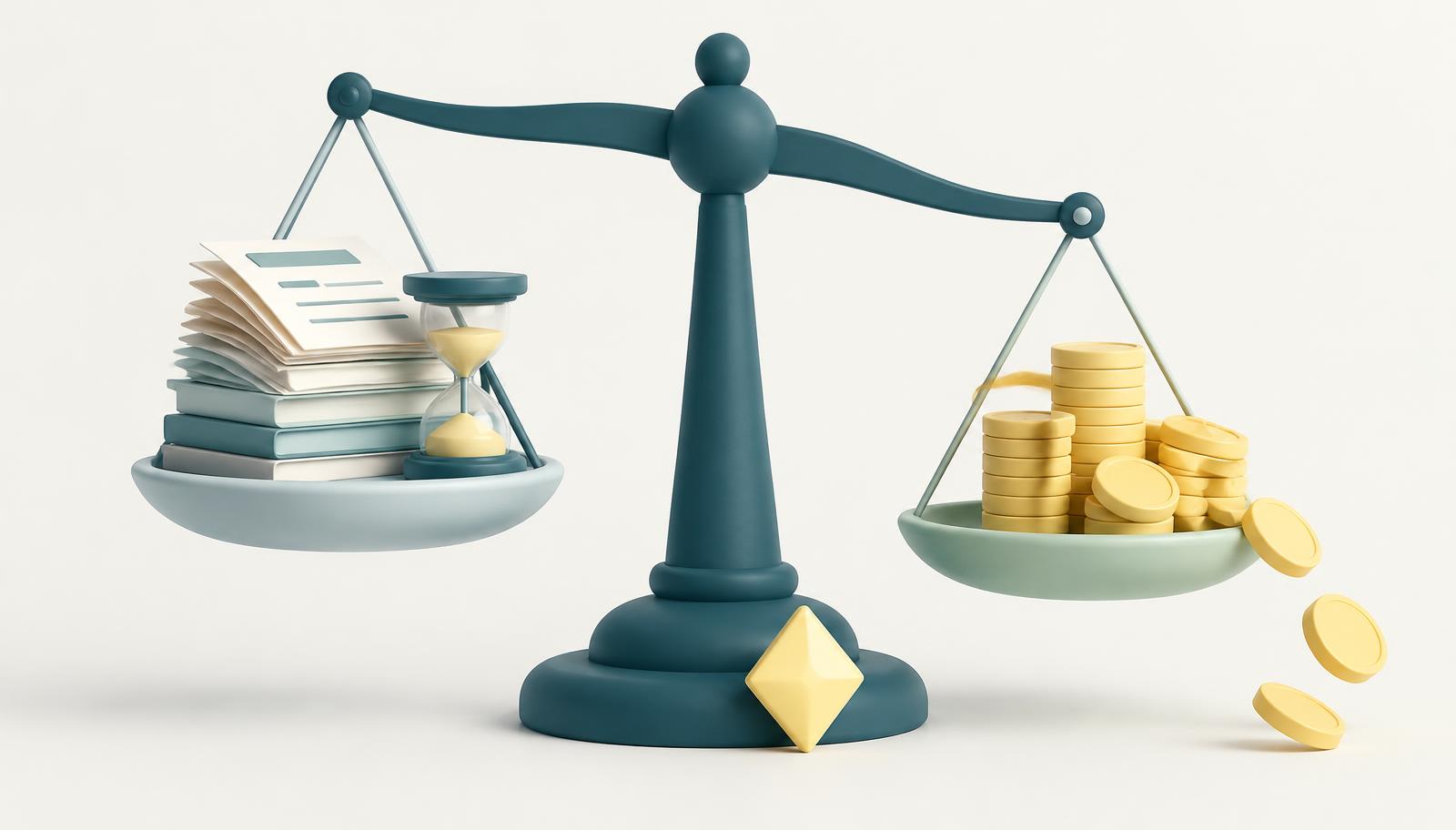 Balanza con montones de papeles y un reloj de arena en un lado y monedas en el otro, con un pequeño rombo amarillo apoyado en la base