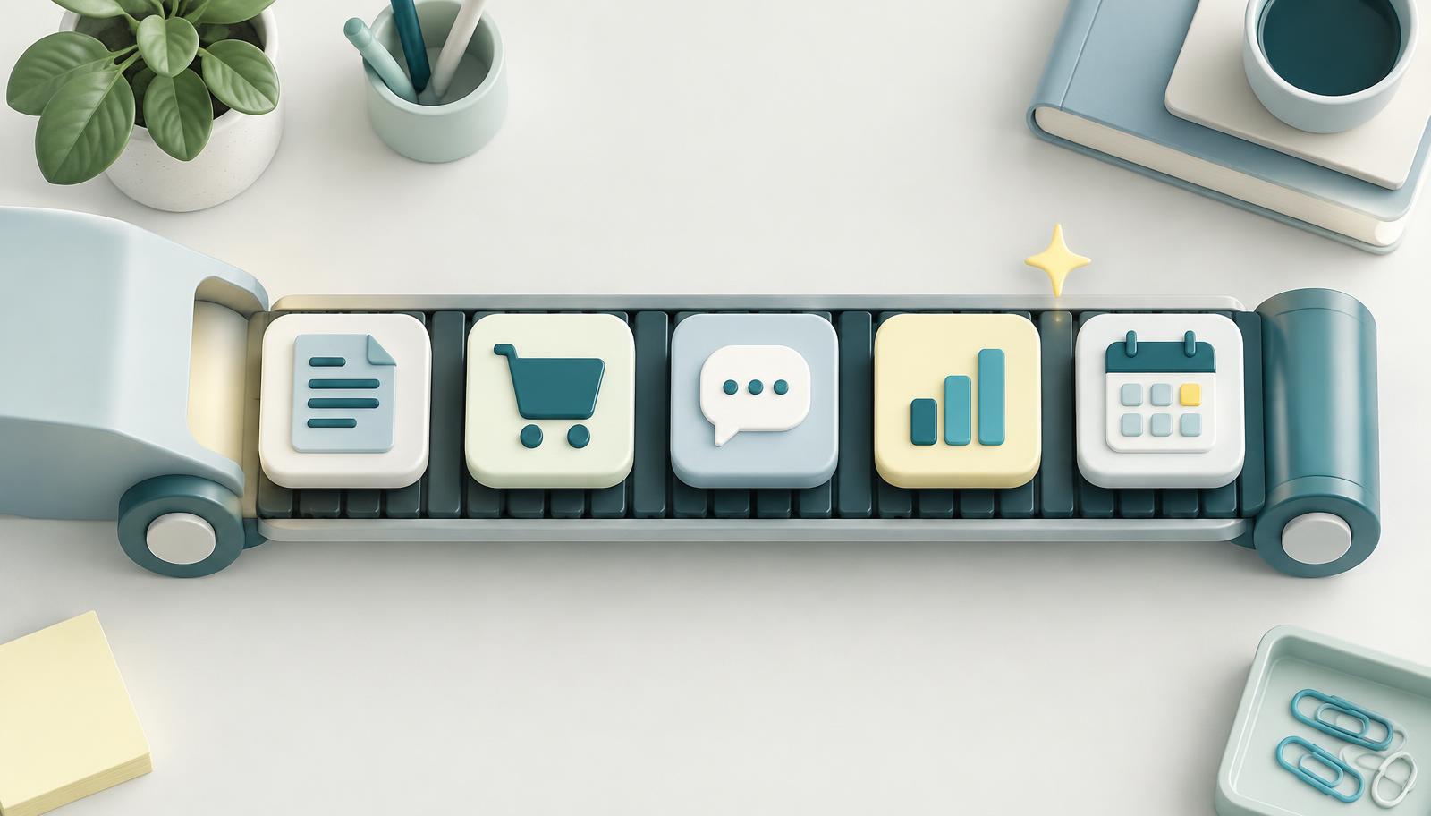 Cinco tareas de oficina (factura, pedido, chat, informe y calendario) que se ordenan solas sobre una cinta automática